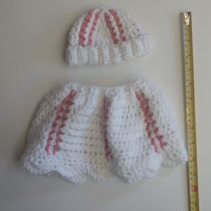 Crochet/Knit Matching Hat and Skirt Waist 11” White/Pink